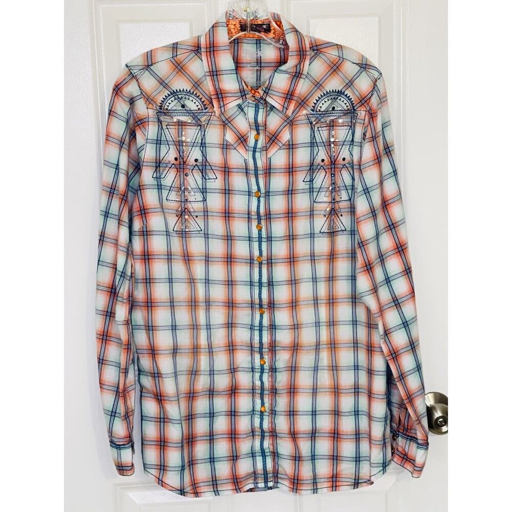 Wrangler Rock 47 Women’s Western Cowgirl‎ Button Down Gem Snaps Shirt Size Large